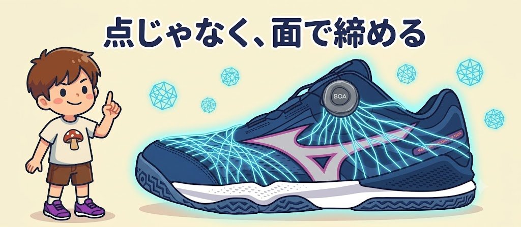 BOAフィットシステムのワイヤーが面で締める仕組みを解説するたくぼー