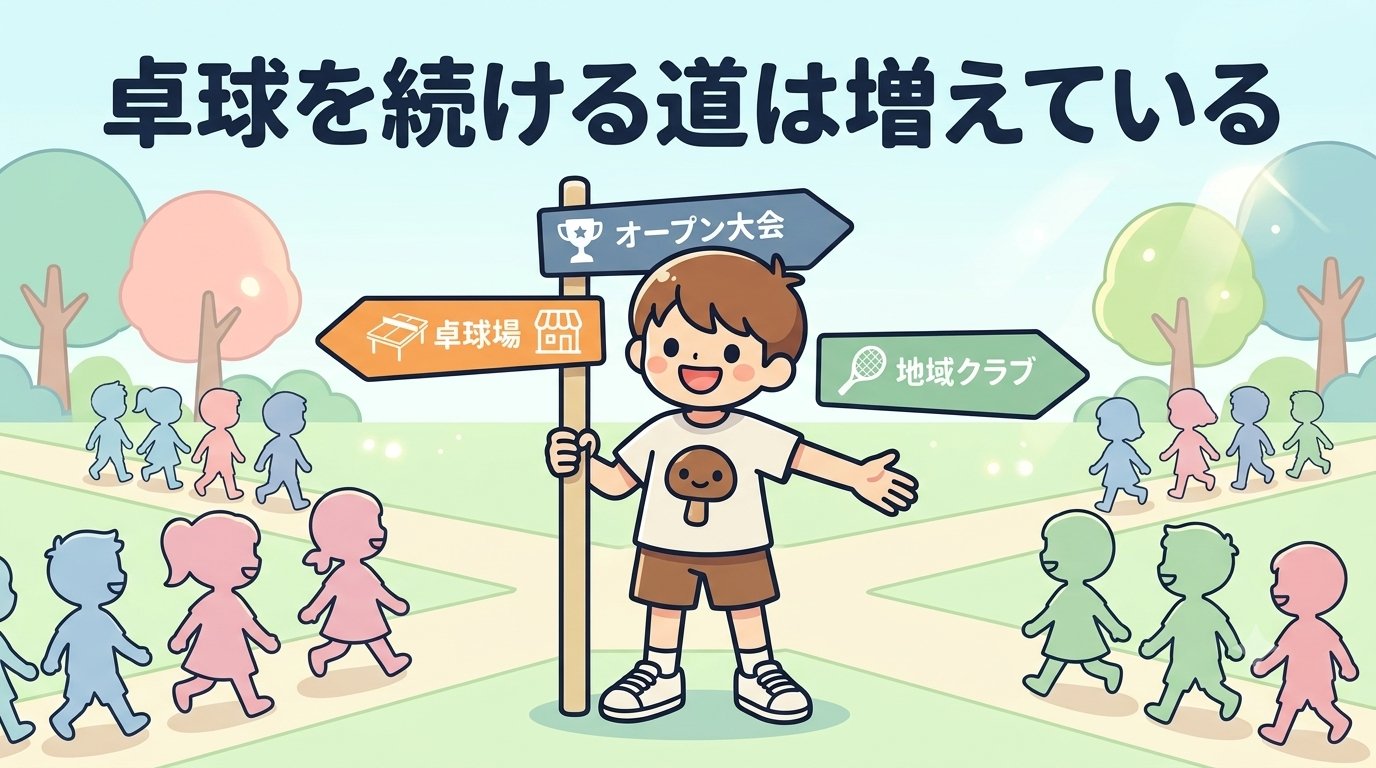 卓球を続ける道は増えている。地域クラブ・卓球場・オープン大会