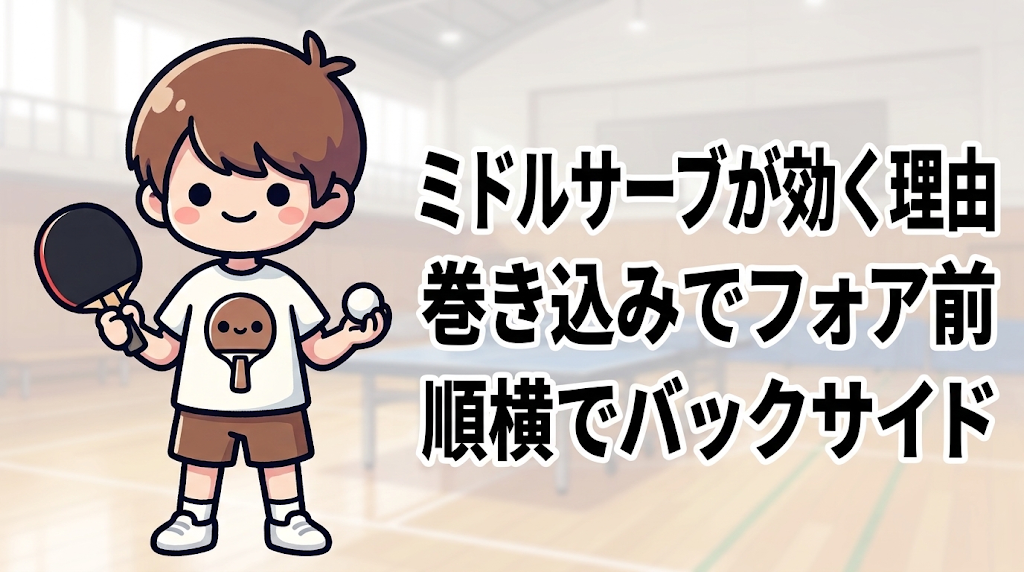 たくぼーが「ミドルサーブが効く理由／巻き込みでフォア前／順横でバックサイド」と紹介するアイキャッチ画像