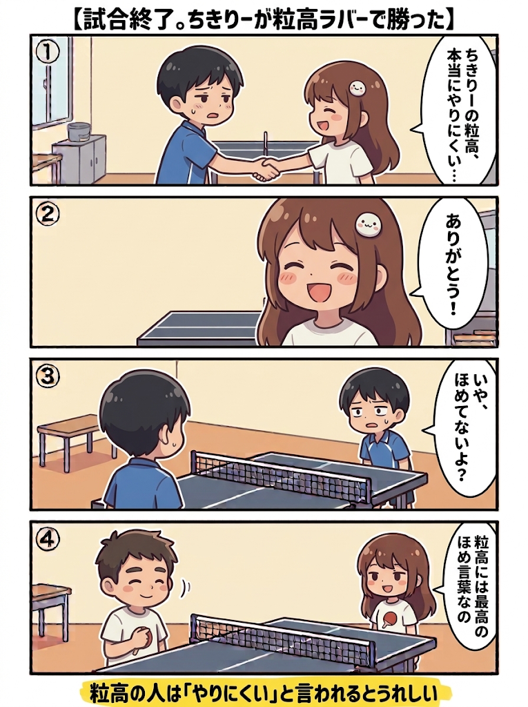 4コマ漫画：試合に勝ったちきりーに相手が「粒高、本当にやりにくい…」。ちきりーは「ありがとう！」と大喜び