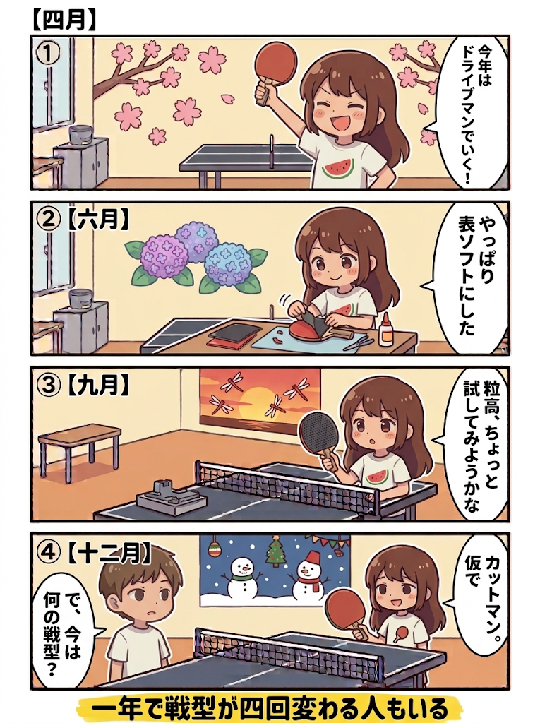4コマ漫画：4月はドライブマン、6月は表ソフト、9月は粒高、12月に聞かれて「カットマン。仮で」