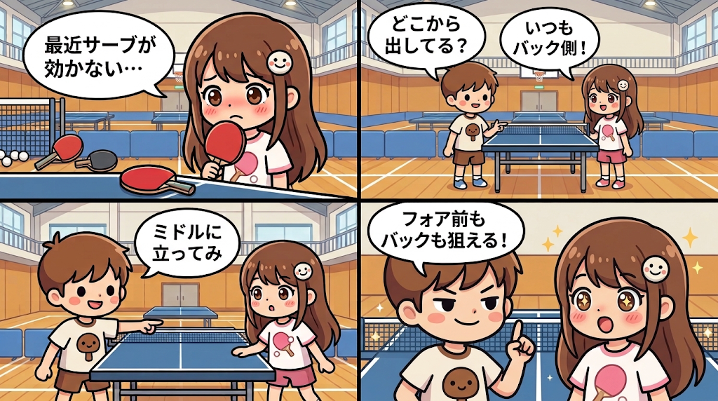 ちきりーのサーブが効かない悩みに、たくぼーがミドルに立つよう勧め、フォア前もバックも狙えると教える4コマ漫画