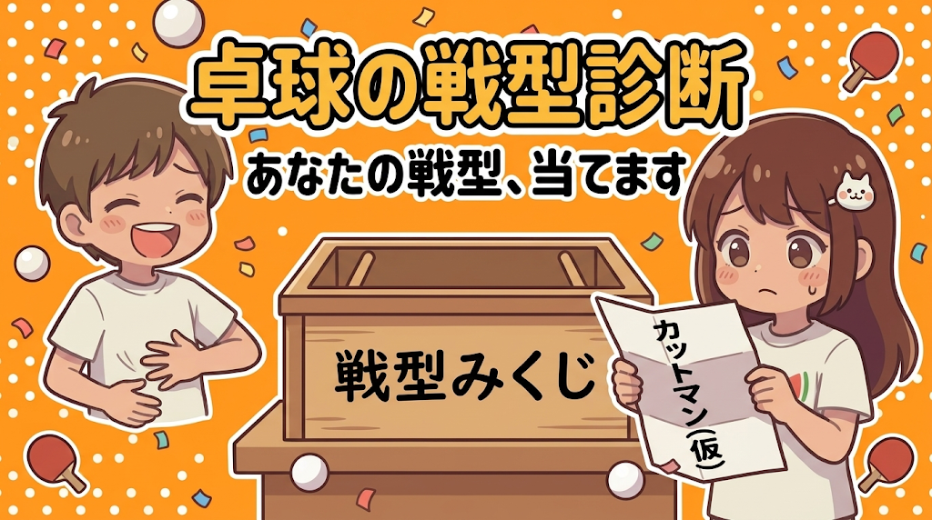 卓球の戦型診断のアイキャッチ。ちきりーが「戦型みくじ」を引いて「カットマン（仮）」が出て微妙な顔、横でたくぼーが大笑いしている