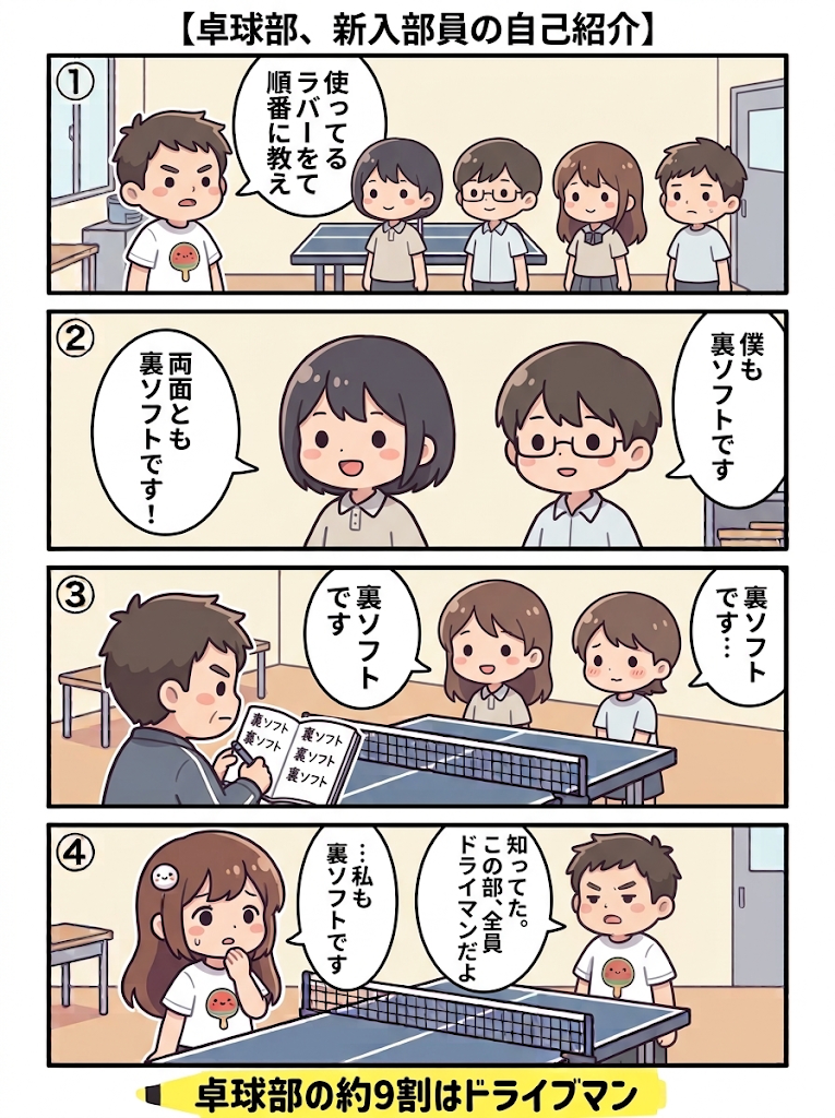 4コマ漫画：新入部員の自己紹介で全員が「裏ソフトです」と答え、ちきりーも裏ソフト。たくぼー「知ってた。この部、全員ドライブマンだよ」