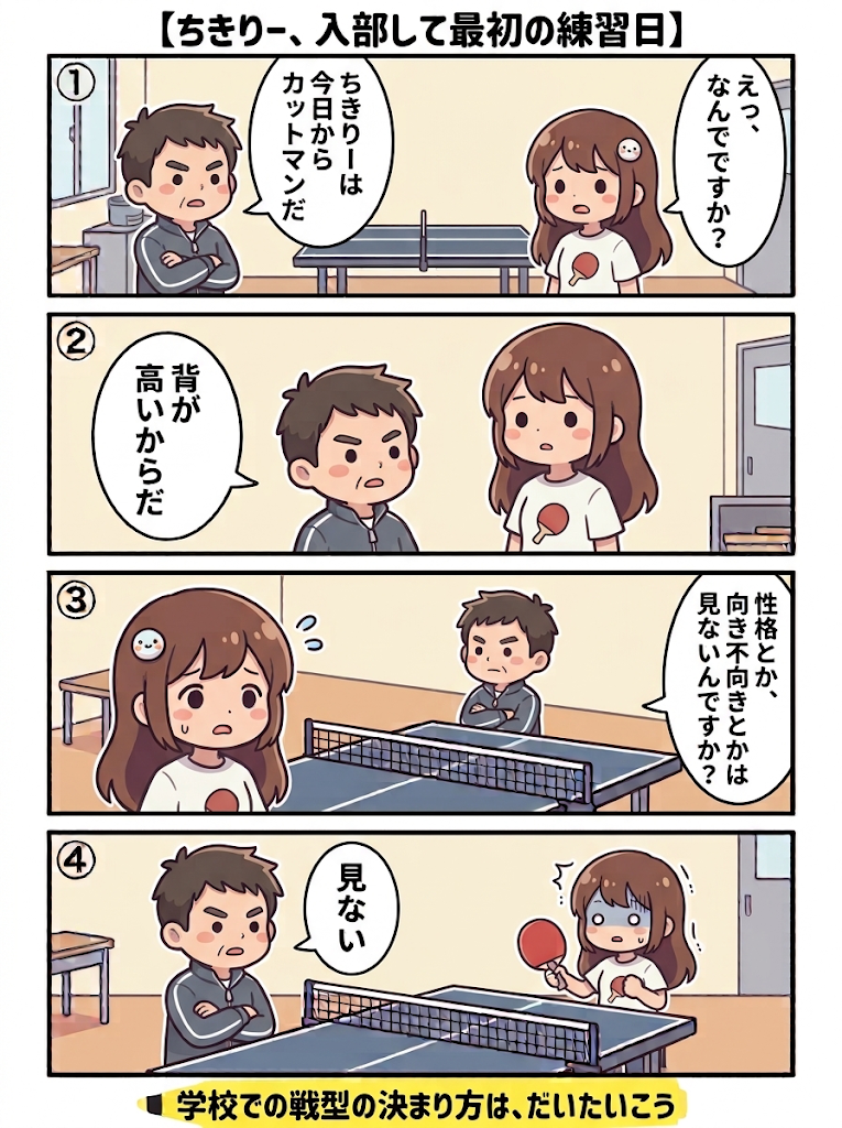 4コマ漫画：顧問に「今日からカットマンだ」と言われたちきりー。理由は「背が高いから」。性格や向き不向きは見ないんですか？と聞くと「見ない」