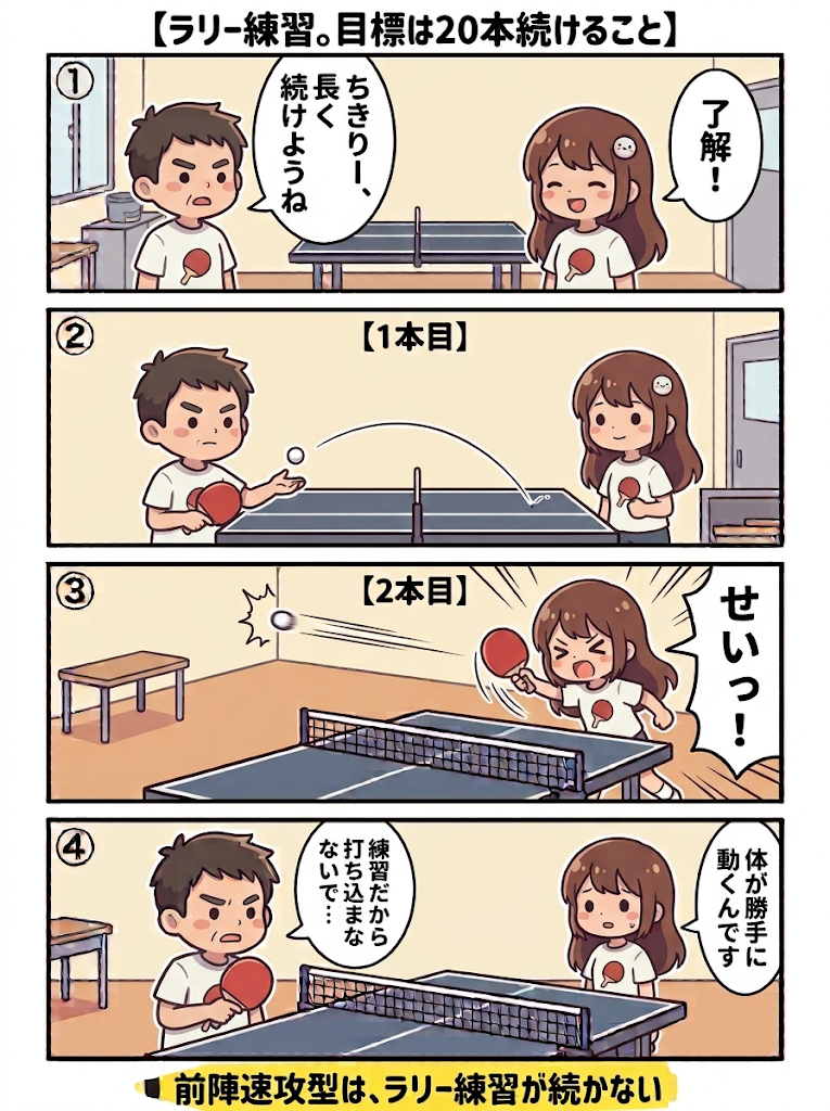 4コマ漫画：ラリー練習で20本続ける約束をしたのに、ちきりーが2本目で全力スマッシュ。「体が勝手に動くんです」