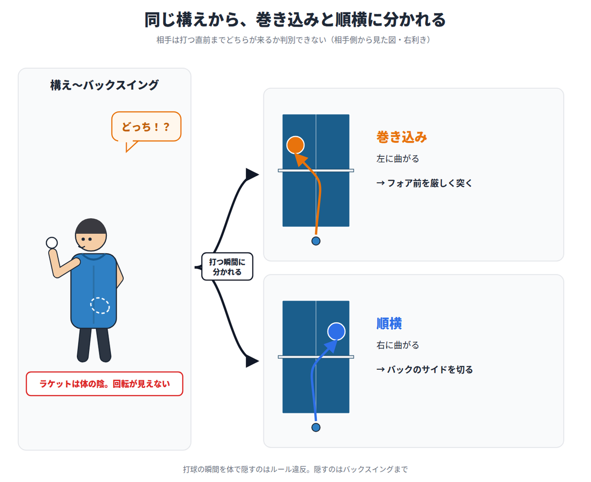 同じ構えから打つ瞬間に巻き込みと順横へ分かれ、巻き込みはフォア前、順横はバックのサイドへ向かうことを示した図