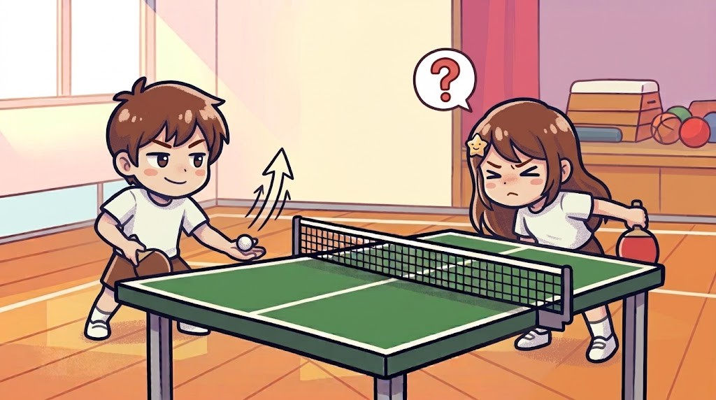 トスの前にボールをのせた手を台の下まで下げるたくぼーと、ボールが見えずのぞき込むちきりー